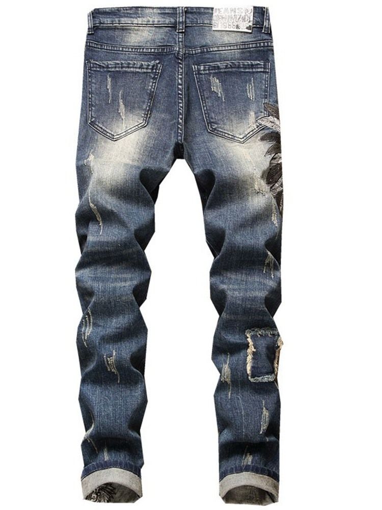 Mäns Hålfärgade Blockpennbyxor Mid Midja Dragkedja Jeans