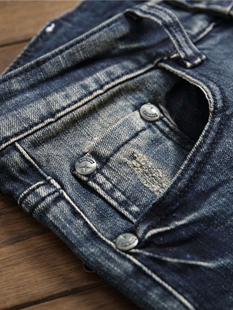 Mäns Hålfärgade Blockpennbyxor Mid Midja Dragkedja Jeans