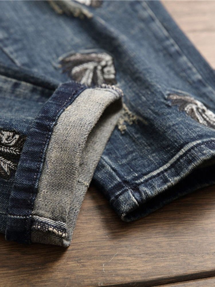 Mäns Hålfärgade Blockpennbyxor Mid Midja Dragkedja Jeans