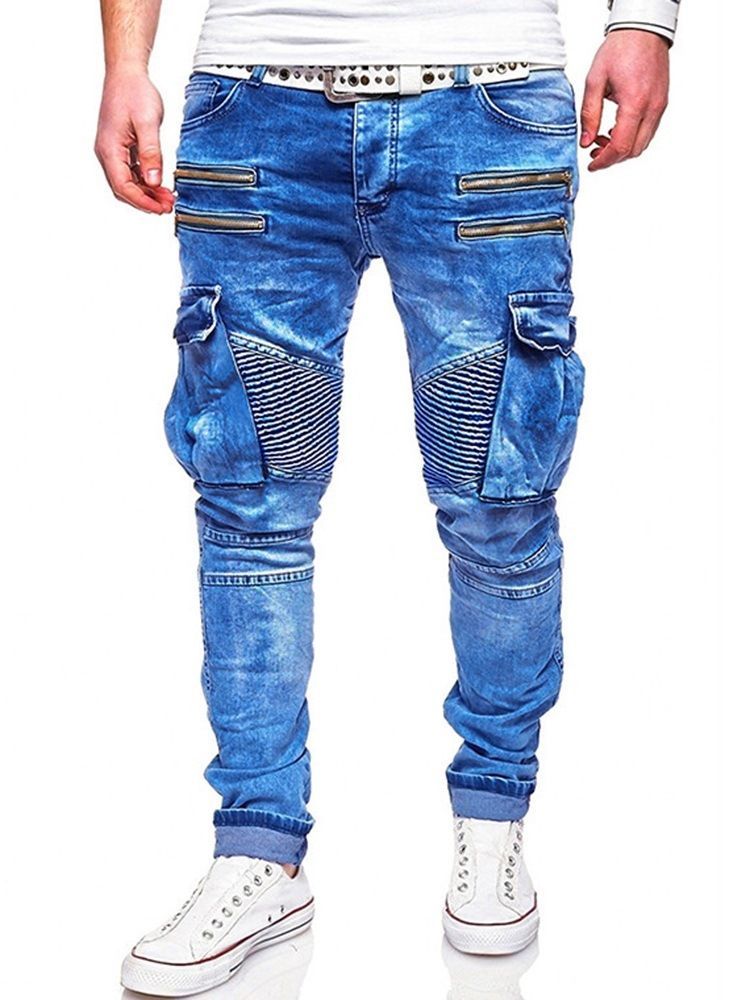 Mäns Vanliga Blixtlåsbyxor Med Byxor Casual Jeans Med Dragkedja