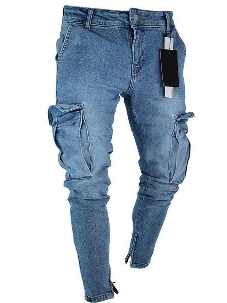 Mäns Vanliga Slitna Pennbyxor European Zipper Jeans