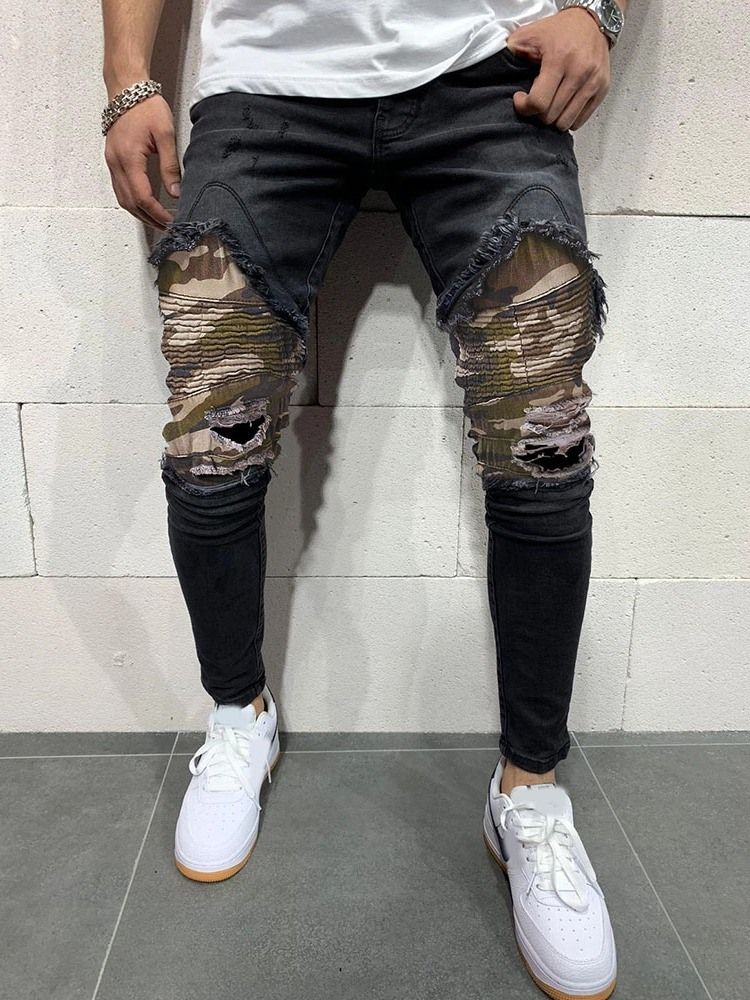 Patchwork Camouflage Pencil Pants Mid Waist European Men's Jeans