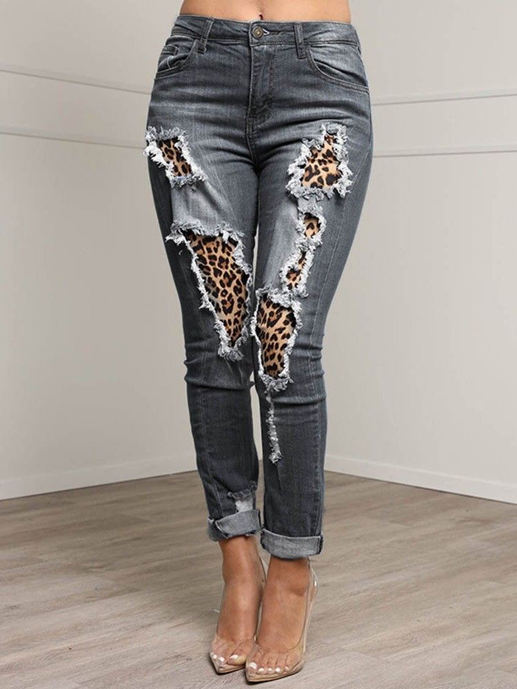 Patchwork Leopard Pencil Pants Zipper Women's Slim Jeans