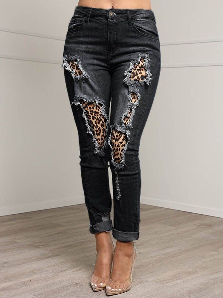 Patchwork Leopard Pencil Pants Zipper Women's Slim Jeans