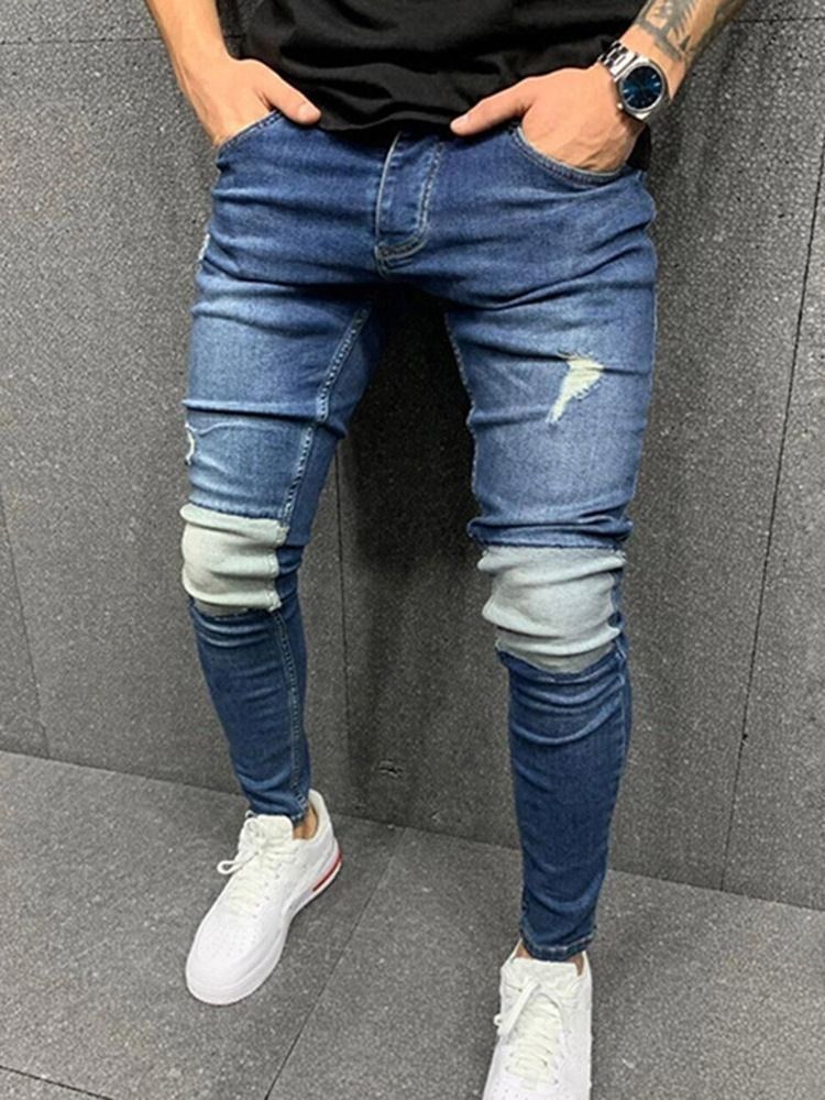 Patchwork Pencil Pants Color Block Zipper Mid Waist Men's Jeans