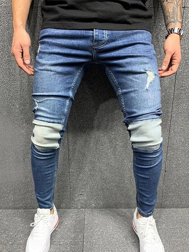 Patchwork Pencil Pants Color Block Zipper Mid Waist Men's Jeans