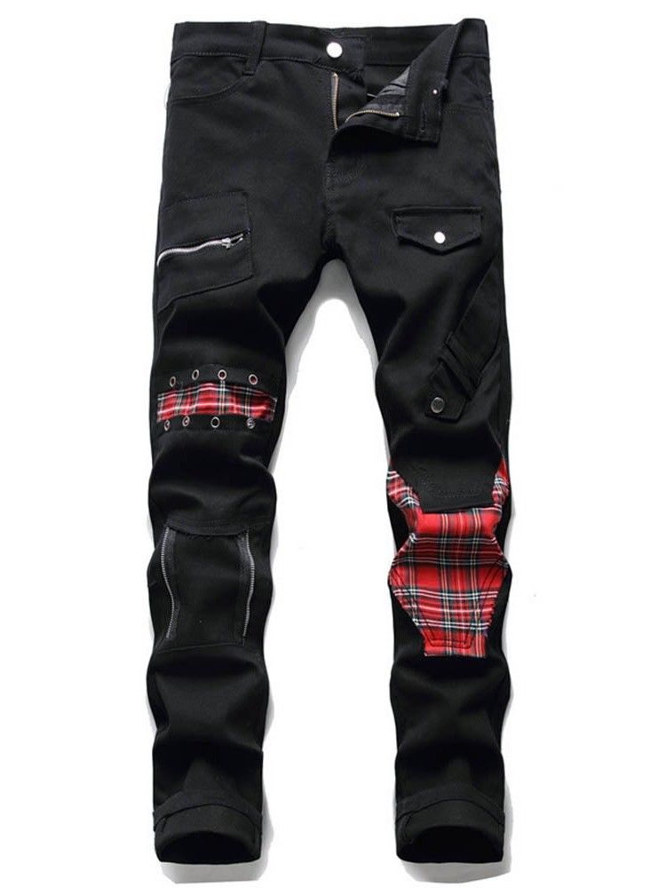 Patchwork Pencil Pants Plaid Zipper Mid Waist Men's Jeans