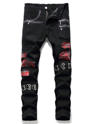 Patchwork Plaid Straight Zipper European Men's Jeans