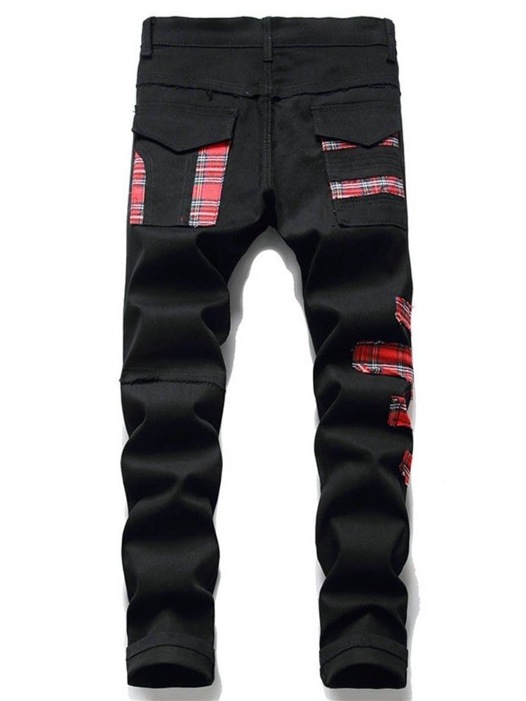 Patchwork Plaid Straight Zipper European Men's Jeans