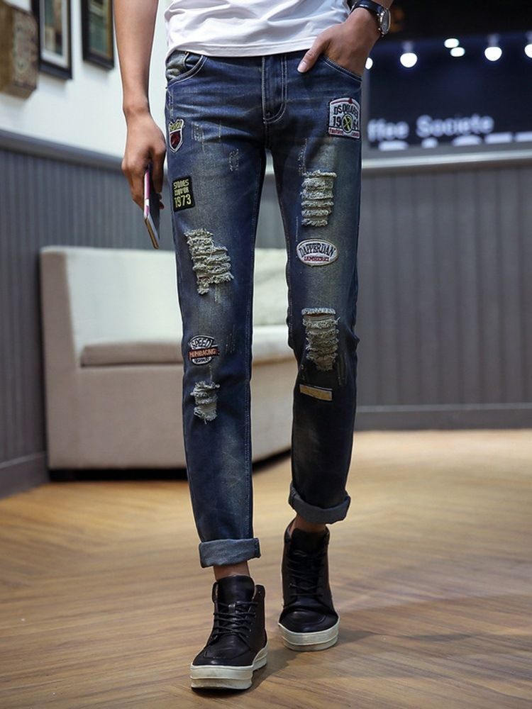 Pencil Letter Hole Casual Mid Waist Men's Jeans