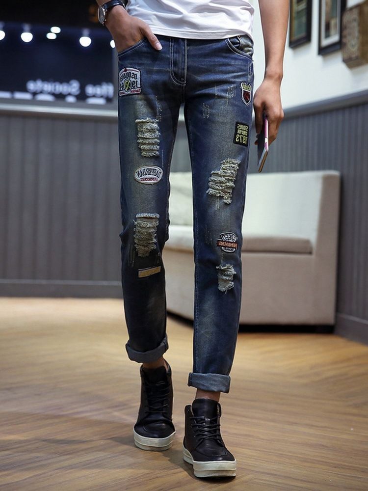 Pencil Letter Hole Casual Mid Waist Men's Jeans