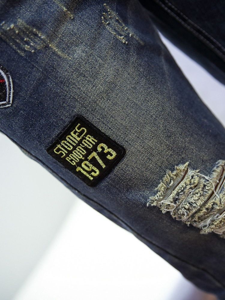 Pencil Letter Hole Casual Mid Waist Men's Jeans