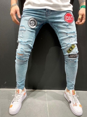 Pencil Letter Hole Casual Style Mid Waist Men's Jeans