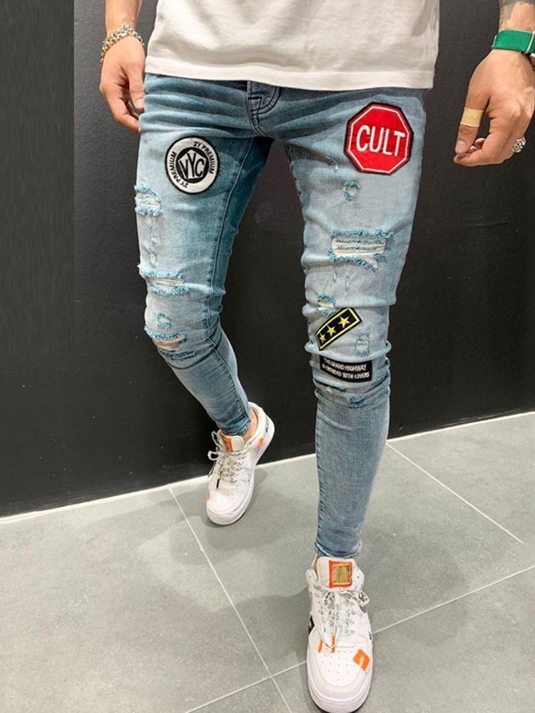 Pencil Letter Hole Casual Style Mid Waist Men's Jeans