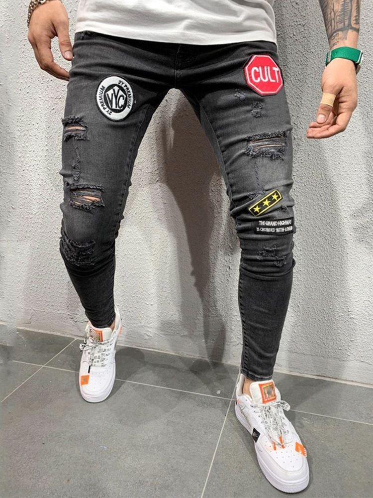 Pencil Letter Hole Casual Style Mid Waist Men's Jeans