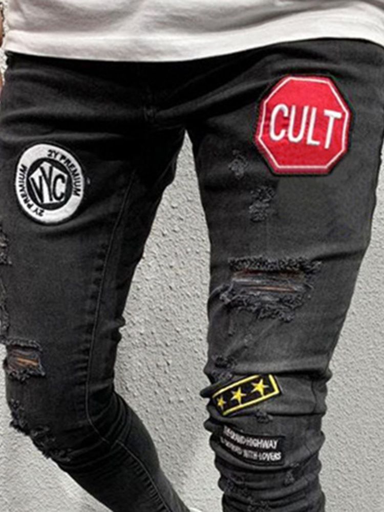 Pencil Letter Hole Casual Style Mid Waist Men's Jeans