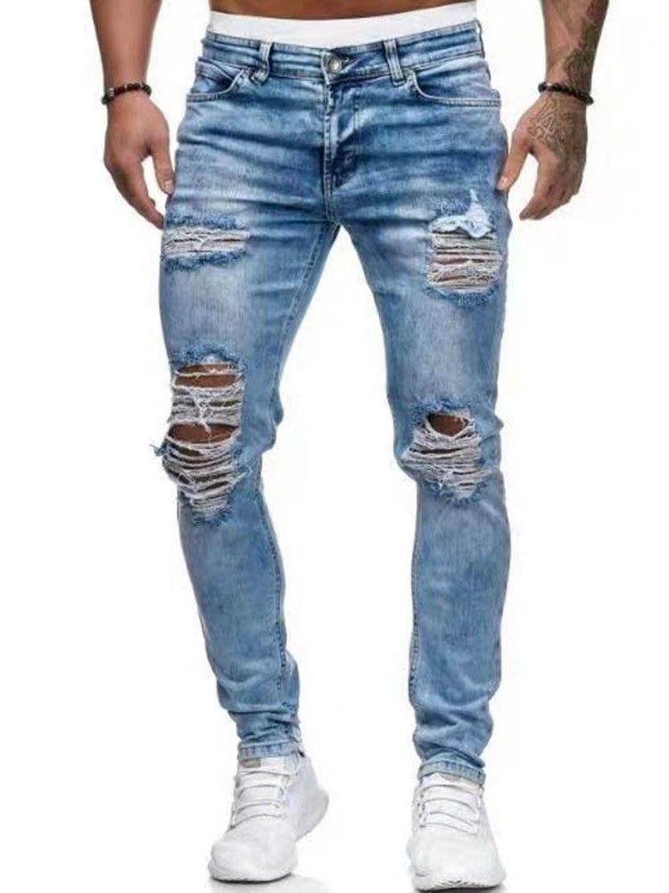 Pencil Pants Hole European Zipper Men's Jeans