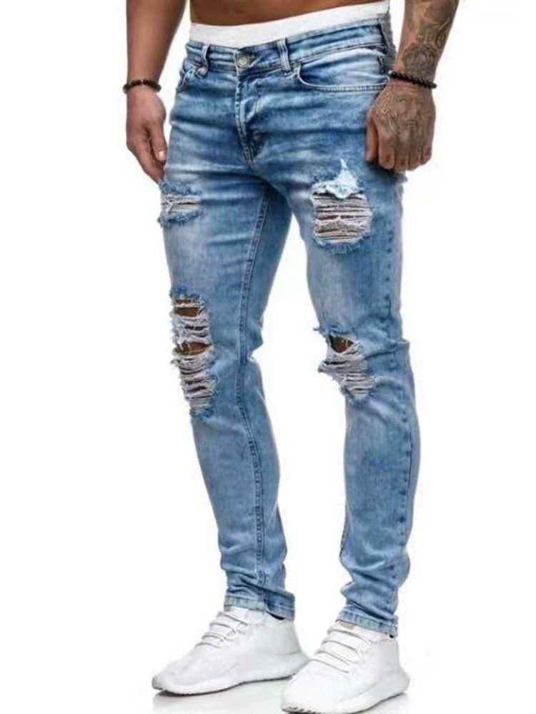 Pencil Pants Hole European Zipper Men's Jeans