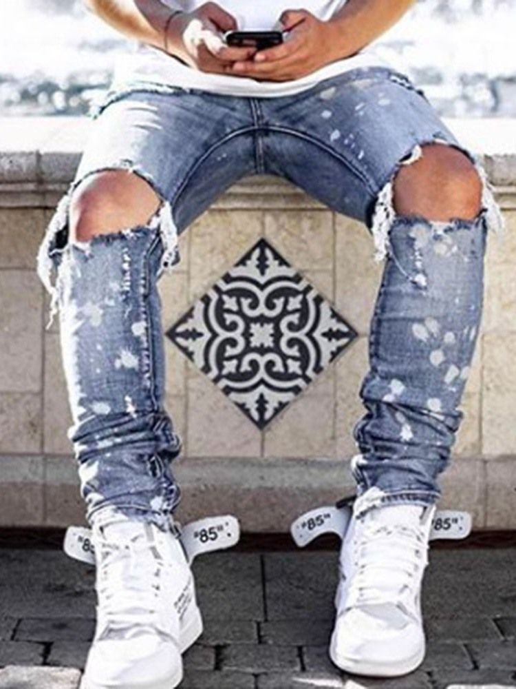 Pencil Pants Hole Mid Waist Mens Jeans