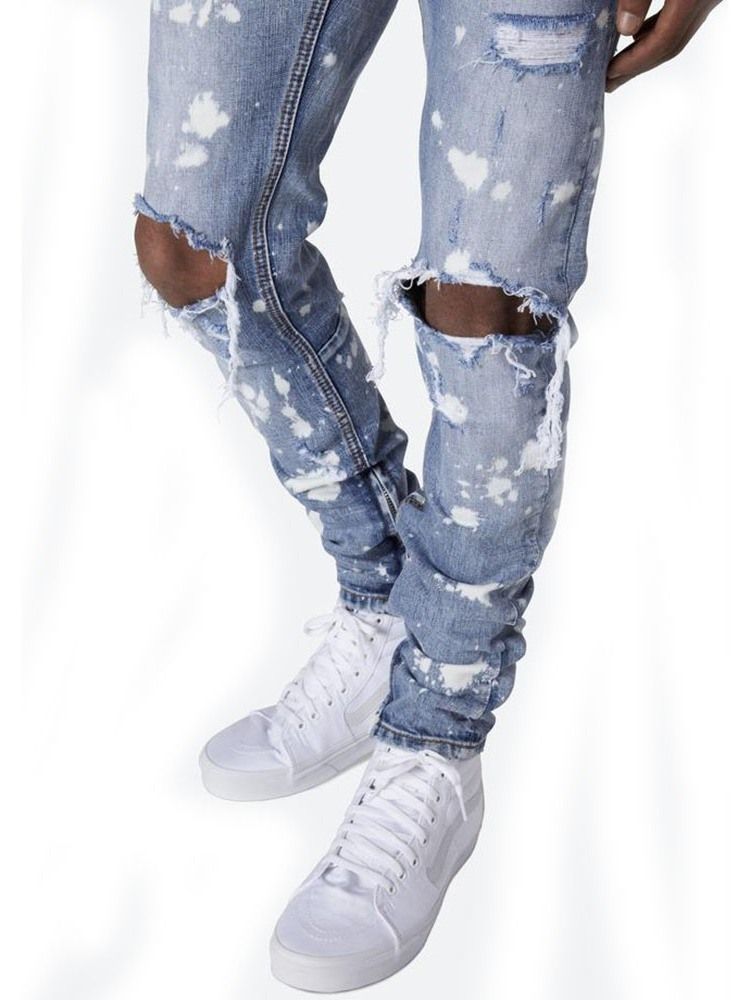 Pencil Pants Hole Mid Waist Mens Jeans