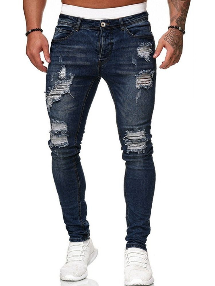 Pencil Pants Hole Mid Waist Zipper Men's Jeans