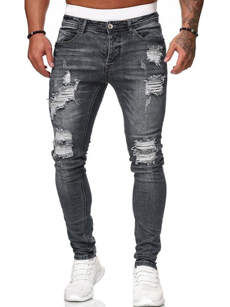 Pencil Pants Hole Mid Waist Zipper Men's Jeans