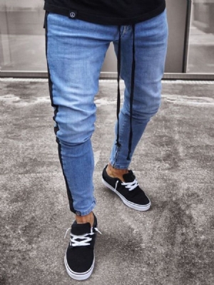 Pencil Pants Patchwork Color Block Zipper Mid Waist Men's Jeans