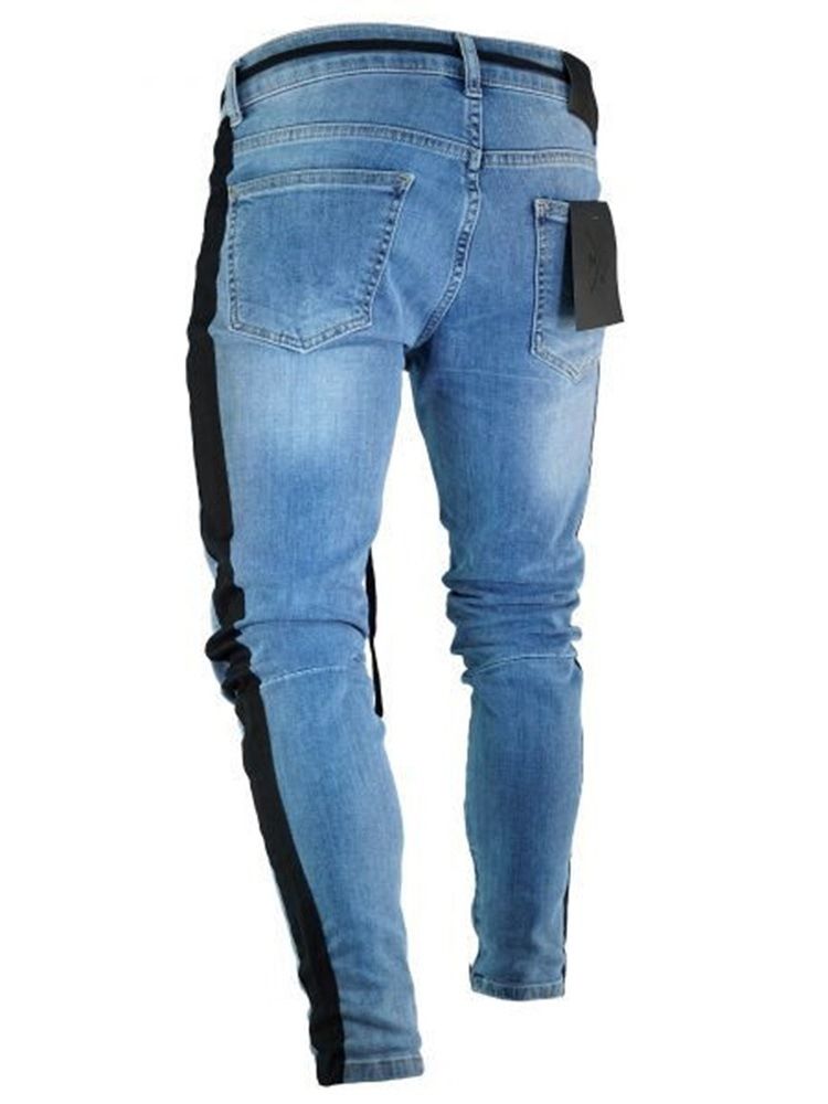 Pencil Pants Patchwork Color Block Zipper Mid Waist Men's Jeans