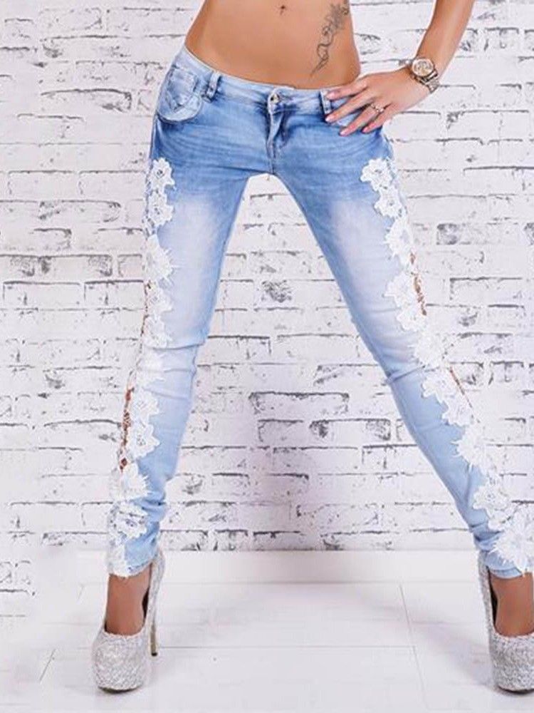 Pencil Pants Patchwork Dam Slim Jeans Med Dragkedja