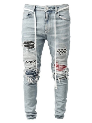 Pencil Pants Plaid Patchwork Mid Midja Hip Hop Herr Jeans