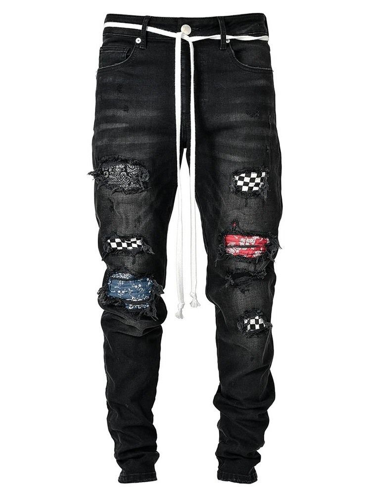 Pencil Pants Plaid Patchwork Mid Midja Hip Hop Herr Jeans