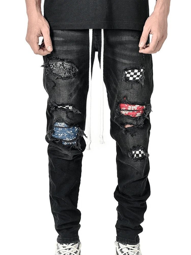 Pencil Pants Plaid Patchwork Mid Midja Hip Hop Herr Jeans