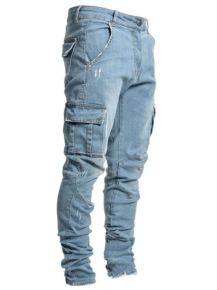 Pencil Pants Plain Pocket Mid Waist Casual Men's Jeans