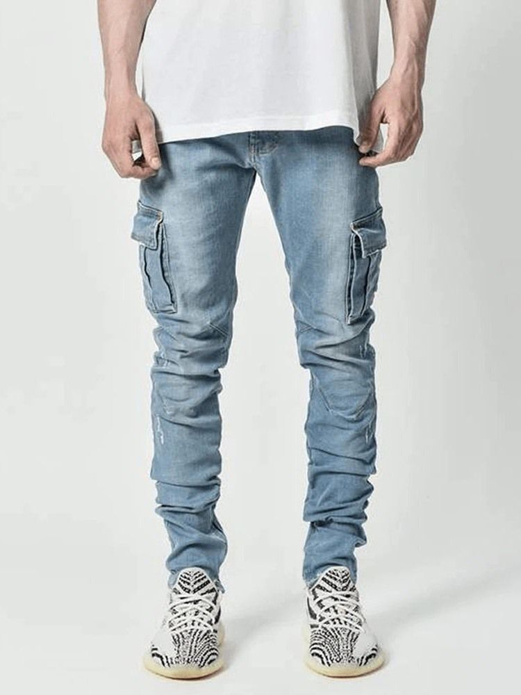 Pencil Pants Plain Pocket Mid Waist Casual Men's Jeans