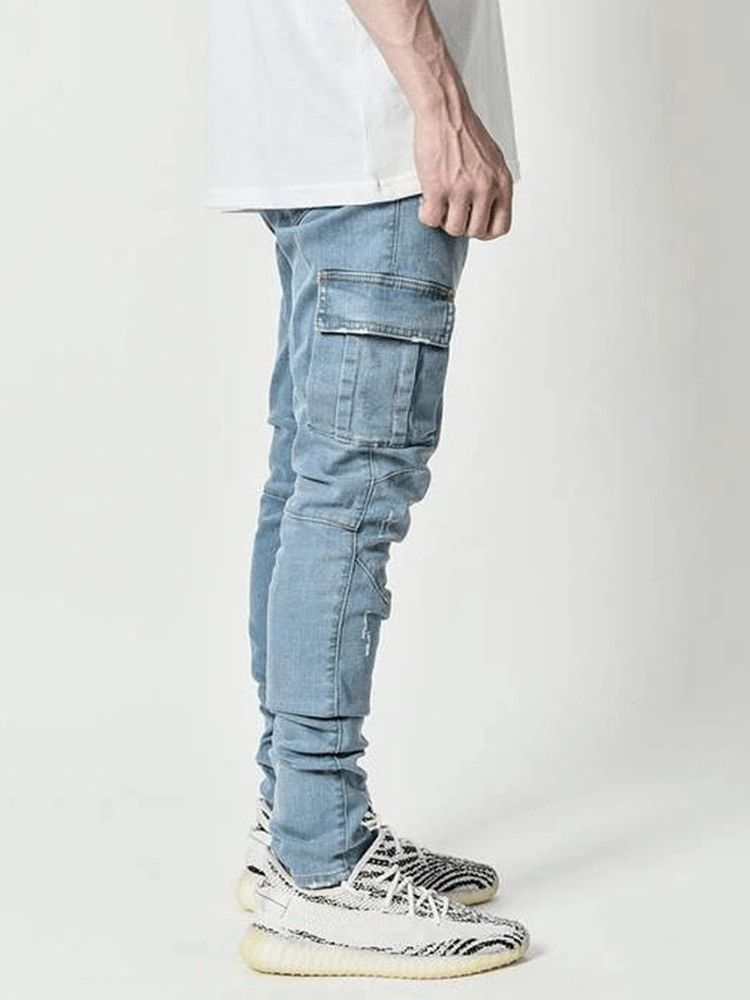 Pencil Pants Plain Pocket Mid Waist Casual Men's Jeans