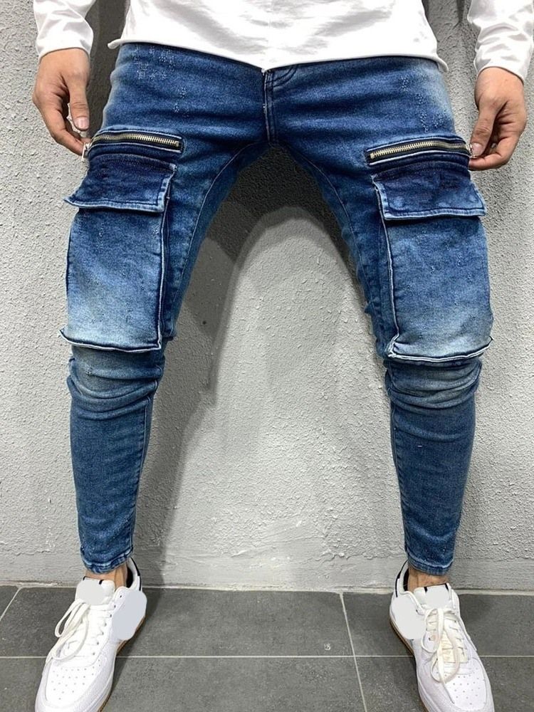 Pencil Pants Pocket Casual Mid Waist Men's Jeans