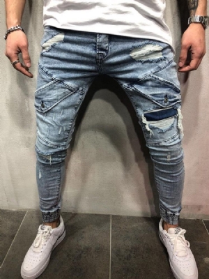 Pencil Pants Pocket Mid Waist Zipper Herrblå Jeans