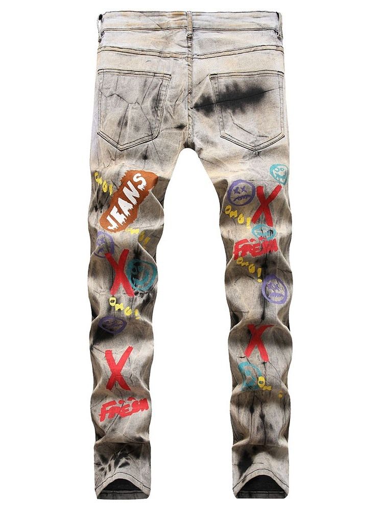 Pencil Pants Print Letter Mid Waist Zipper Men's Jeans