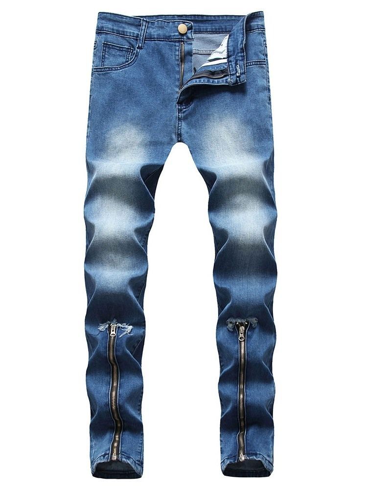 Pencil Pants Worn Mid Waist Zipper Men's Jeans