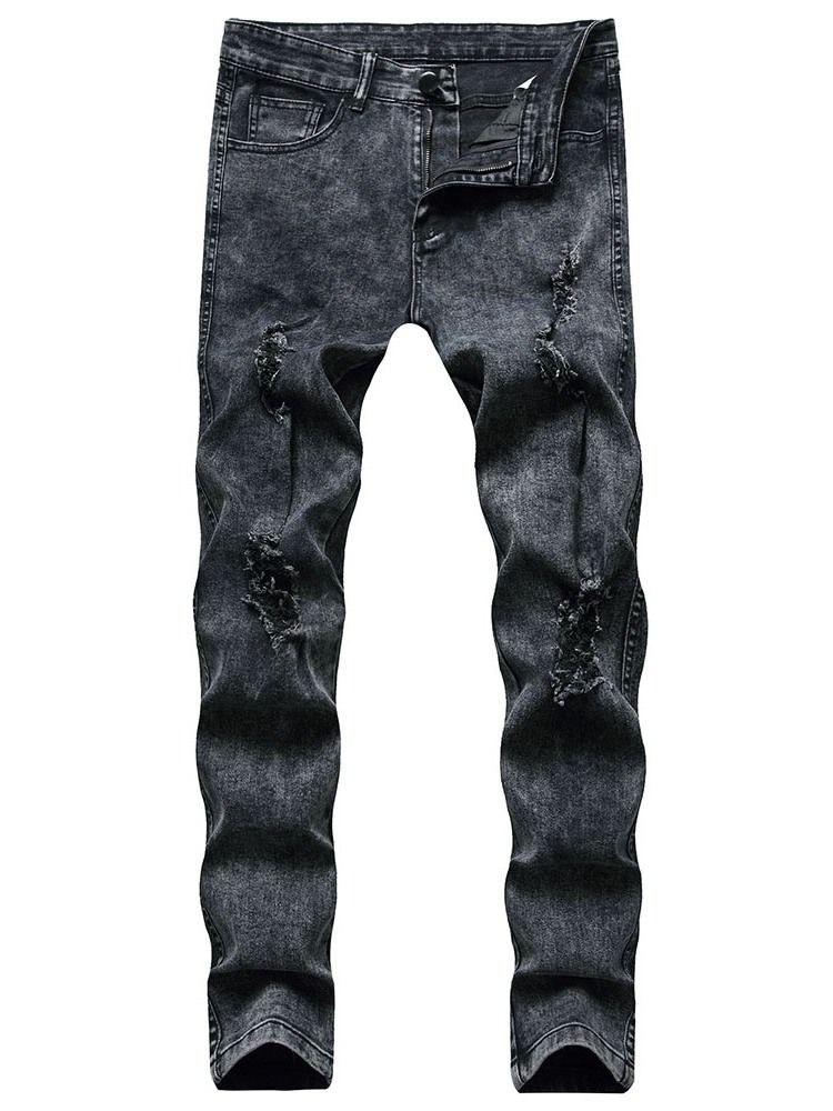 Pennbyxor För Män Plain Hole Mid Waist Jeans