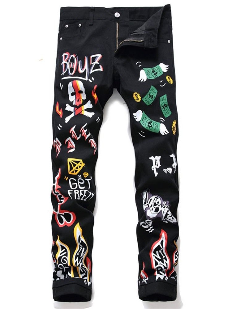 Pennbyxor För Män Print Cartoon Mid Waist Zipper Jeans