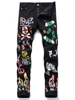 Pennbyxor För Män Print Cartoon Mid Waist Zipper Jeans