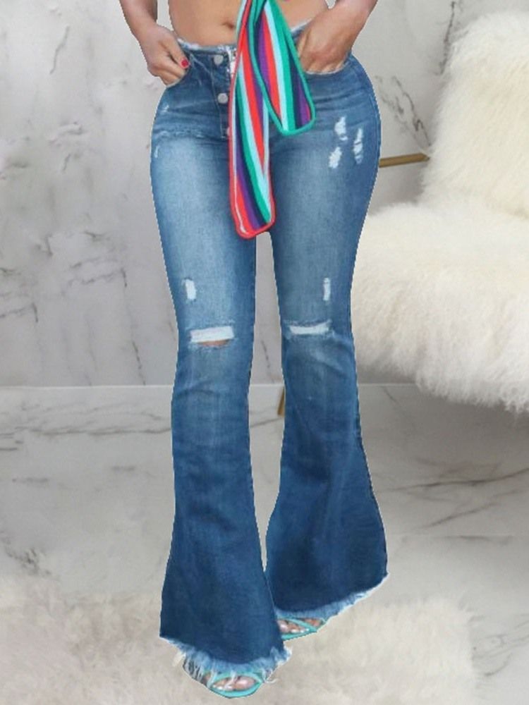 Plain Bellbottoms Hole Slim Jeans Med Hög Midja För Kvinnor