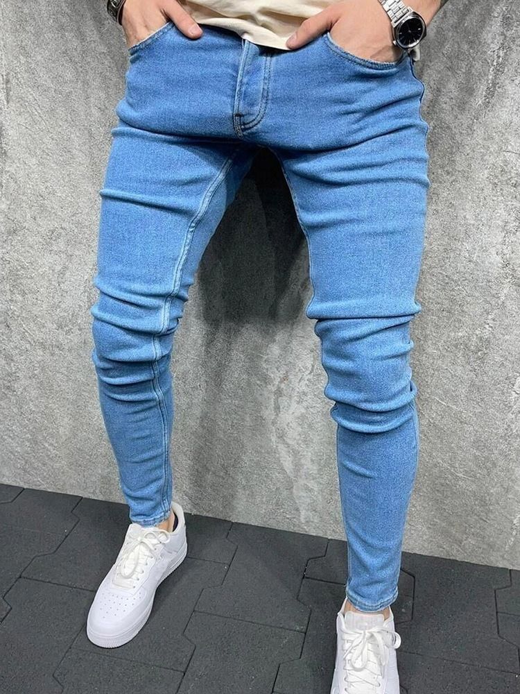 Plain Button Pencil Pants Casual Zipper Men's Jeans