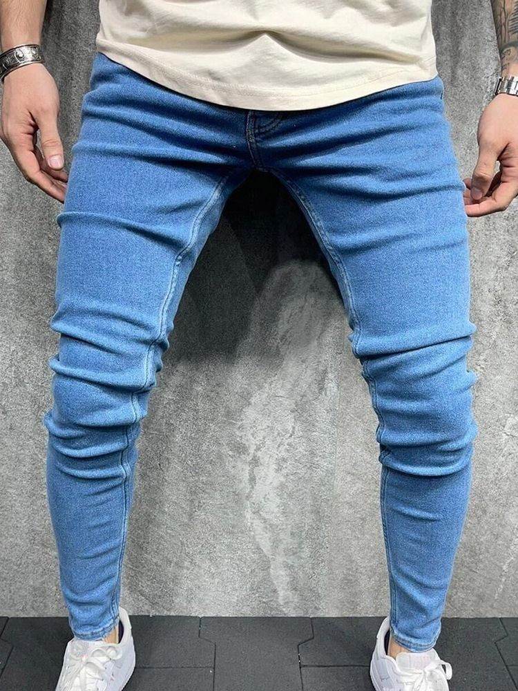 Plain Button Pencil Pants Casual Zipper Men's Jeans