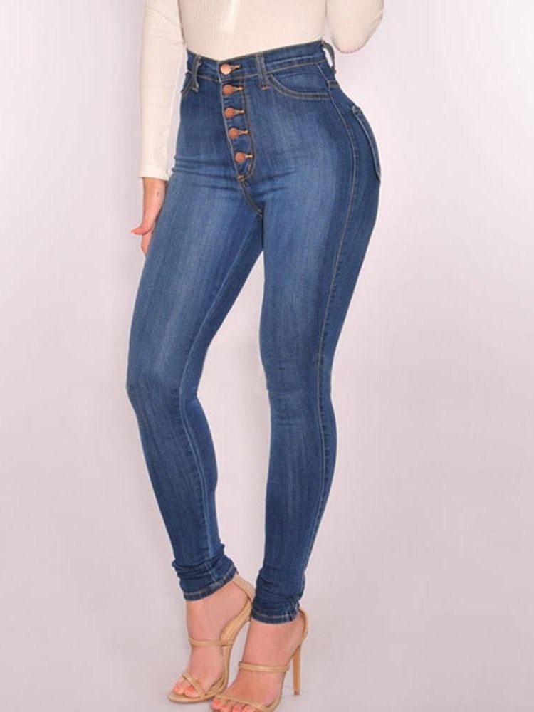 Plain Denim Button Skinny Jeans Med Hög Midja