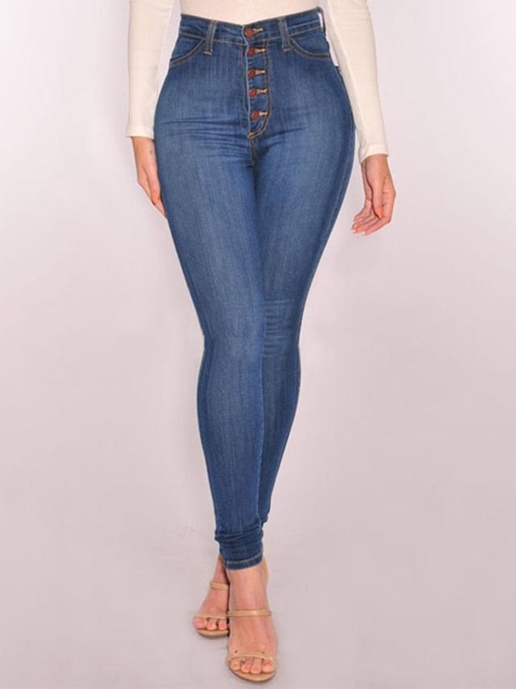 Plain Denim Button Skinny Jeans Med Hög Midja