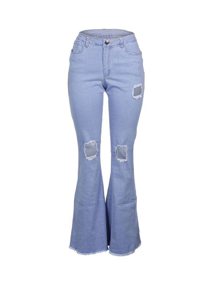 Plain Destoryed Dragkedja För Kvinnor Slim Flare Jeans