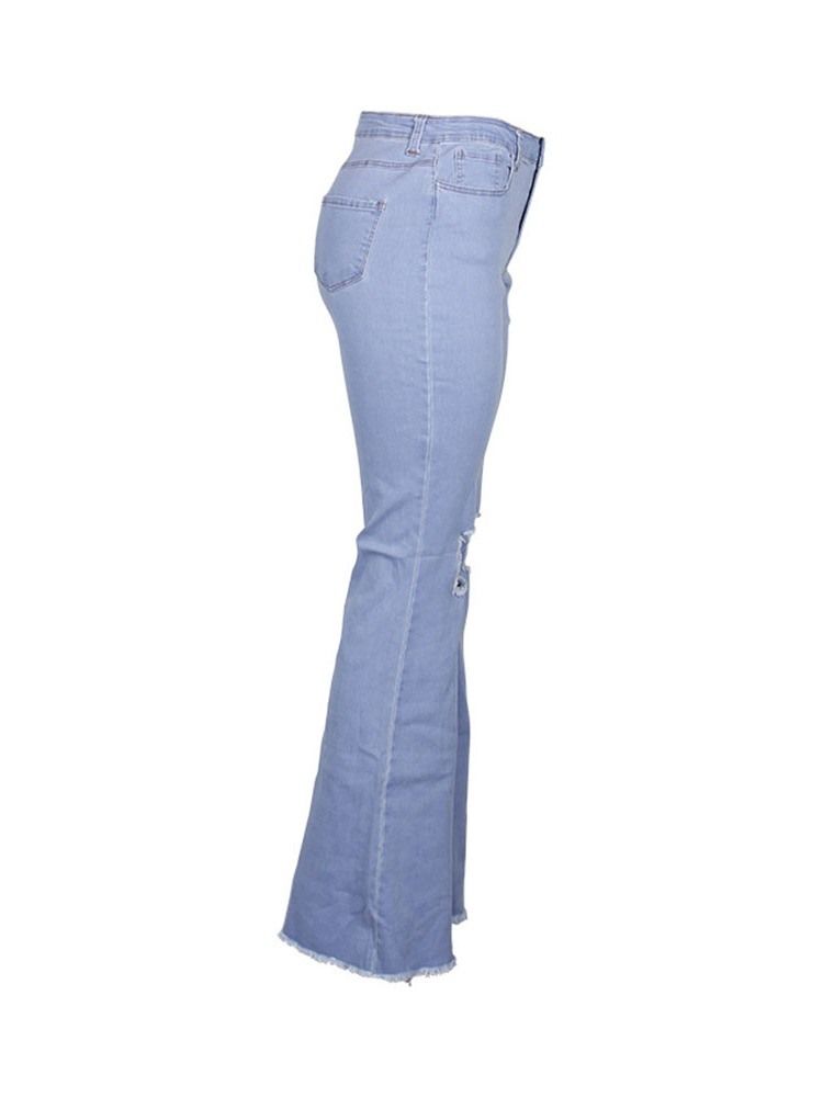 Plain Destoryed Dragkedja För Kvinnor Slim Flare Jeans