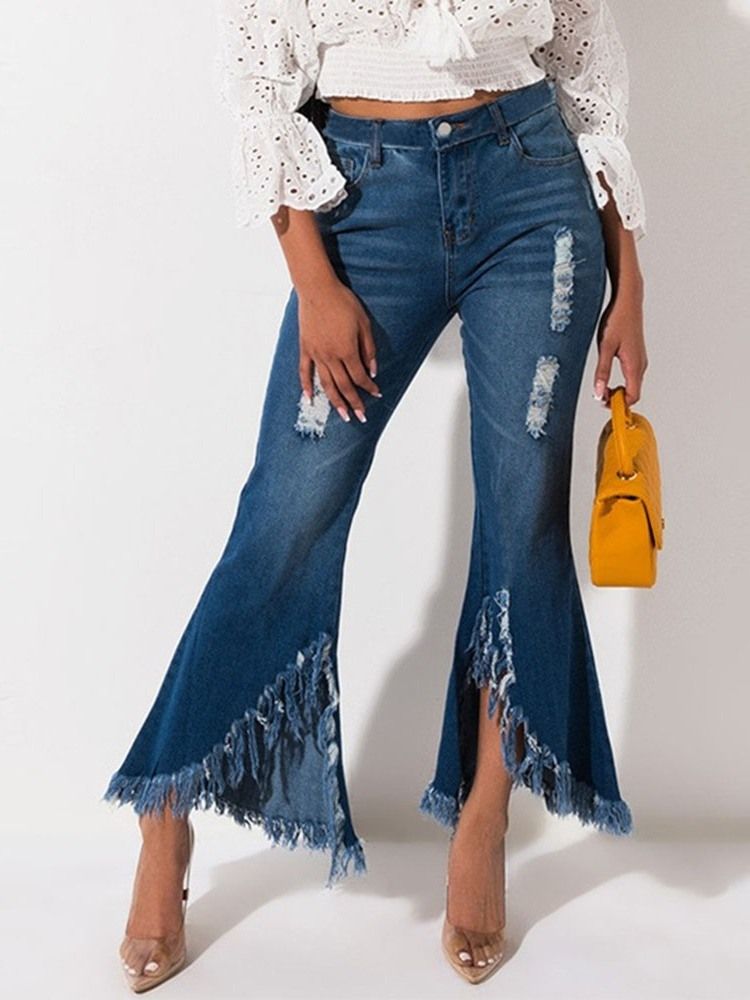 Plain Hole För Kvinnor Bellbottoms Slim Mid Waist Jeans